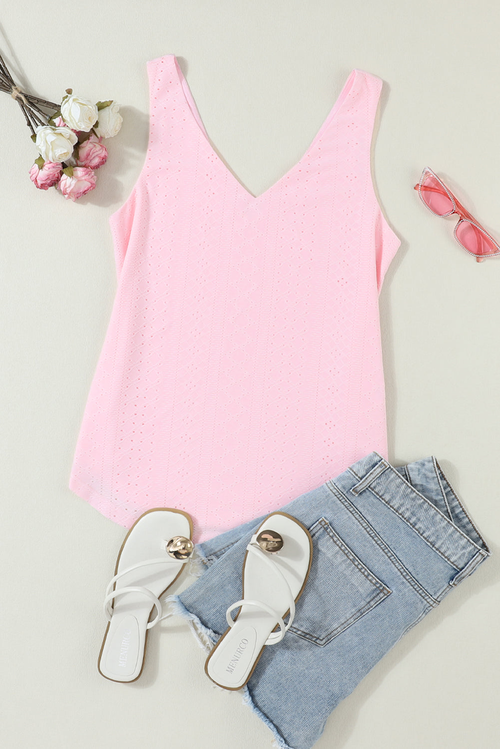 Light Pink Eyelet Knit Patterned Loose V Neck Tank Top
