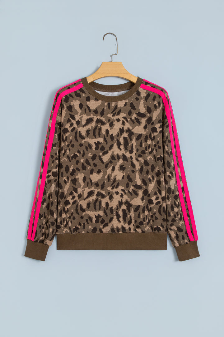 Brown Leopard Print Striped Detail Relaxed Pullover Sweatshirt