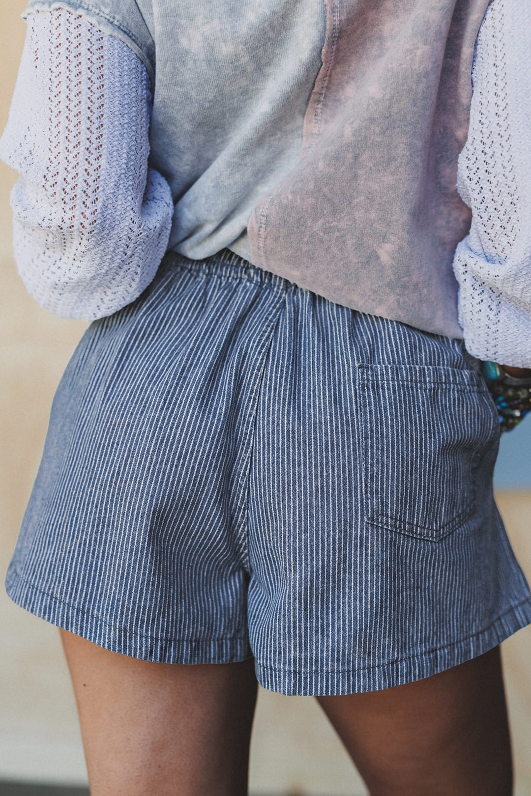 Blue Stripe Drawstring Elastic Waist Casual Denim Shorts