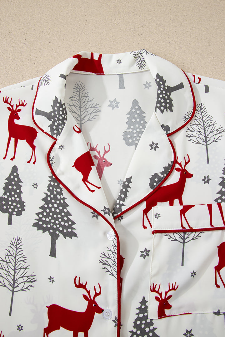 White Christmas Fashion Print Velvet Trim Bow Knot Pajama 2pcs Short Set
