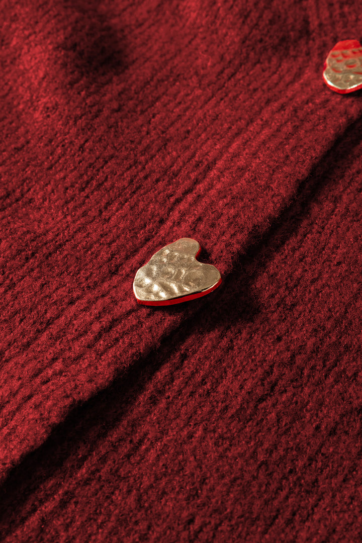Fiery Red Heart Metal Button V Neck Wool Cardigan Sweater