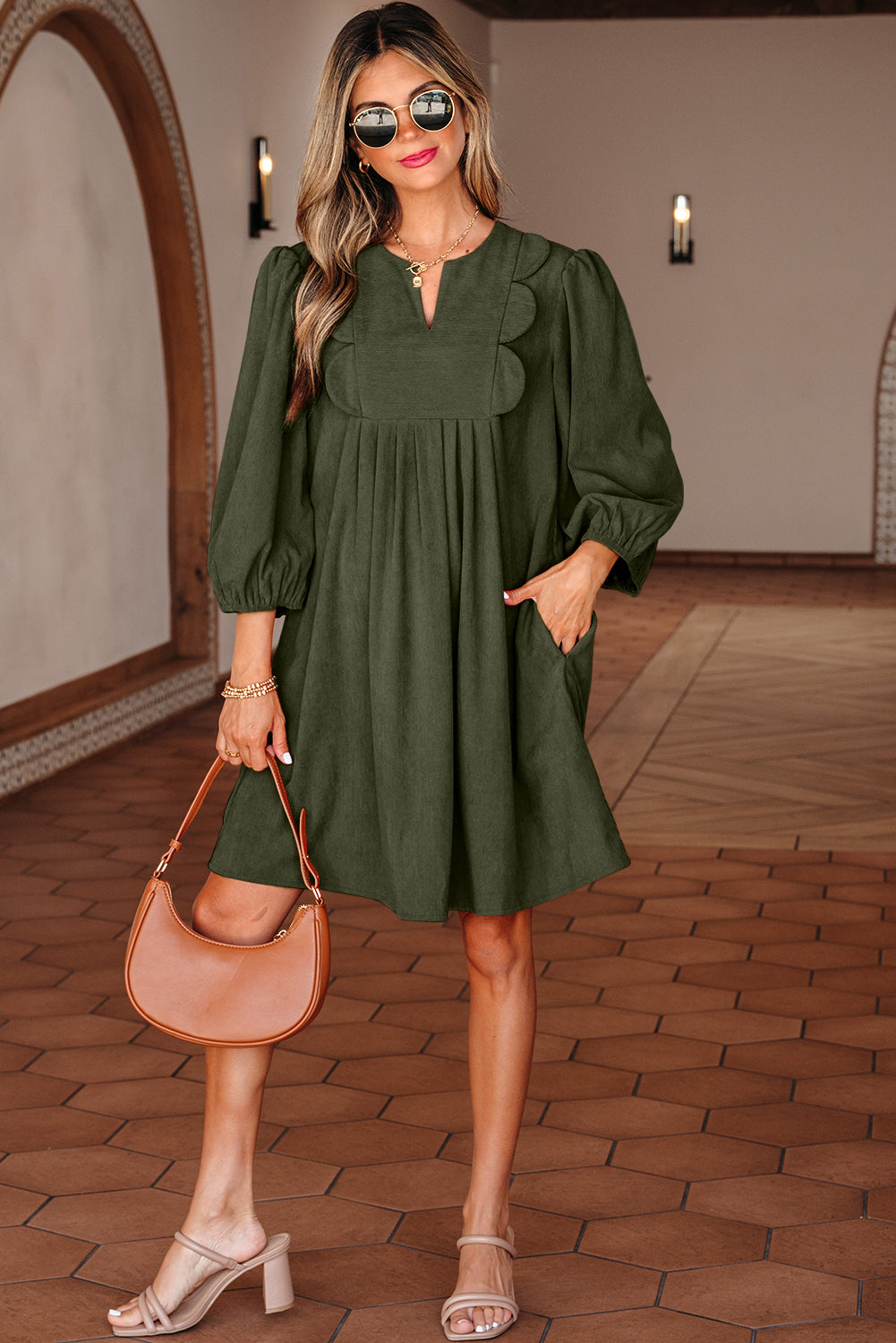 Bracelet Sleeve Split Neck Scallop Detail Pleated Corduroy Mini Dress