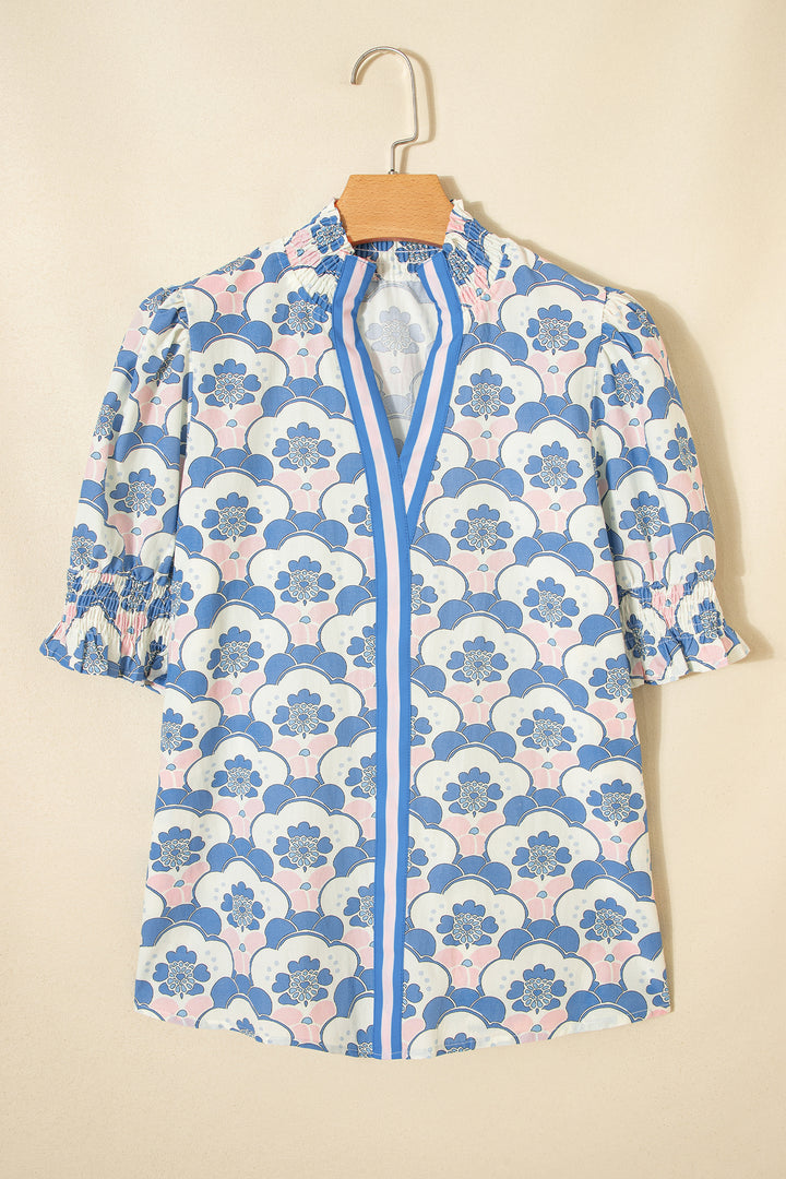 Floral Print Flounced Short Sleeve Contrast Trim V Neck Blouse