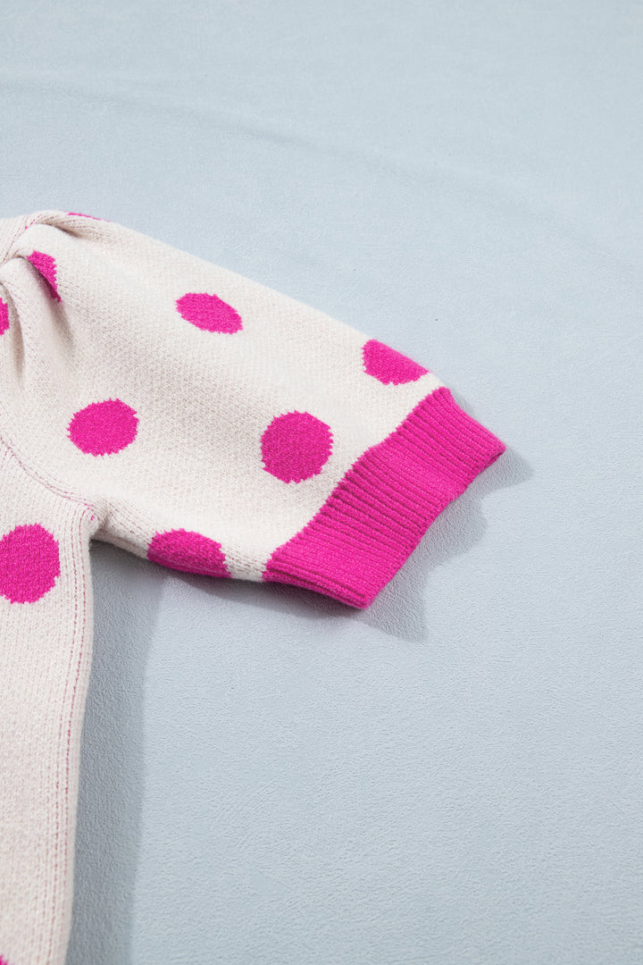 Pink Polka Dot Puff Short Sleeve Sweater Top