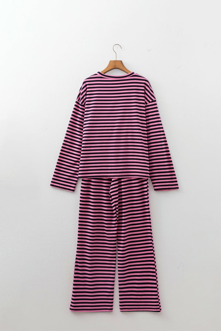 Pink Stripe Casual Long Sleeve Top Drawstring Pant Set