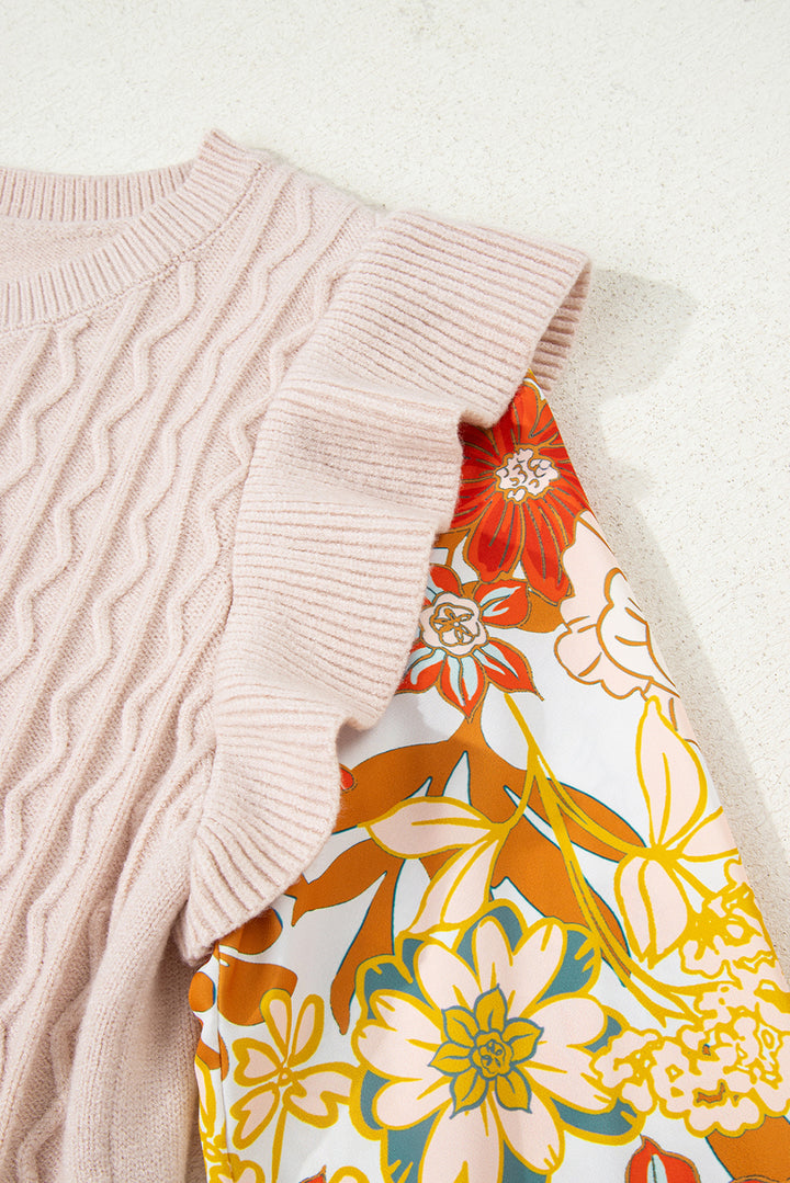 Cable Knit Ruffle Detail Contrast Floral Sleeve Patchwork Sweater