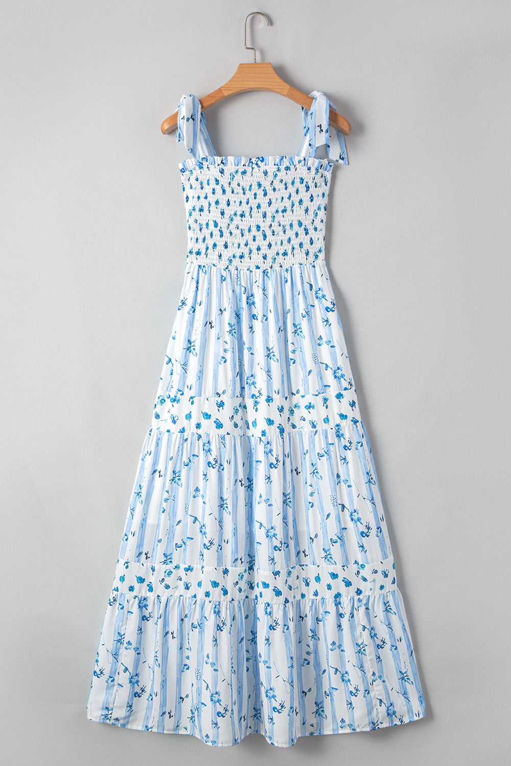 Floral Smocked Tied Straps A-Lined Tiered Maxi Dress