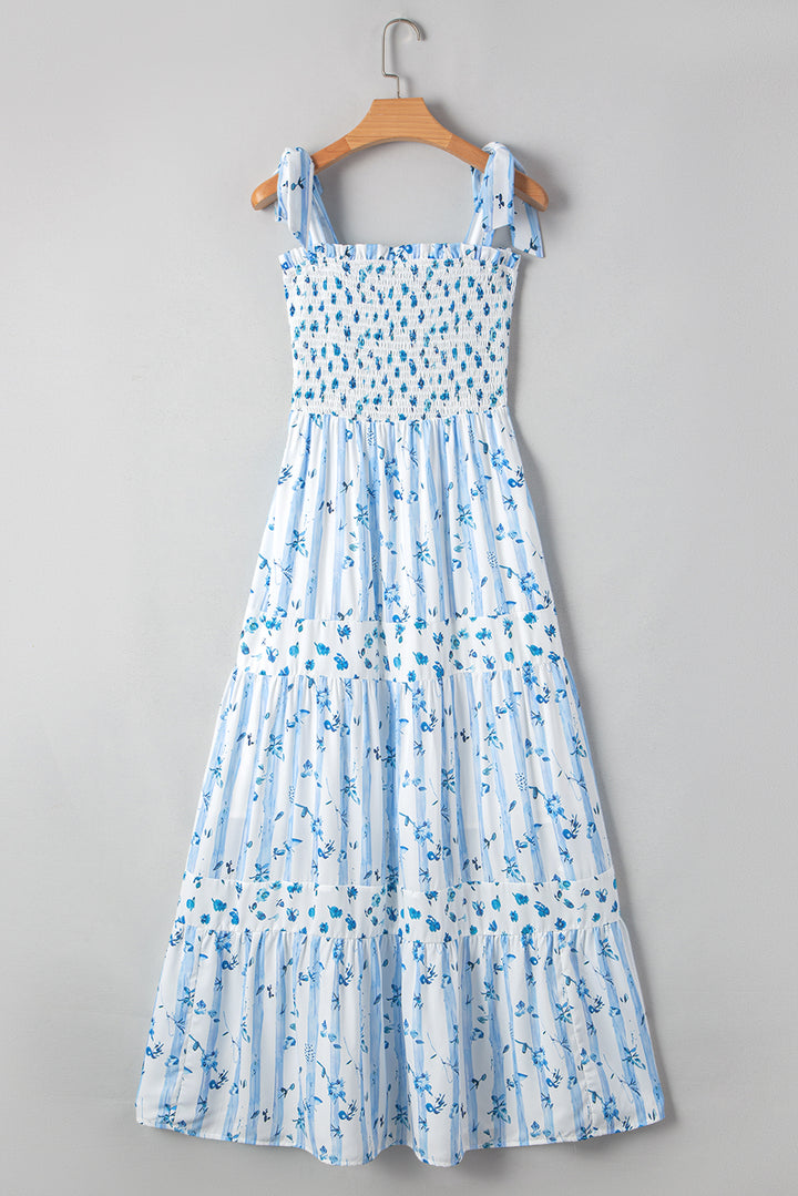 Floral Smocked Tied Straps A-Lined Tiered Maxi Dress