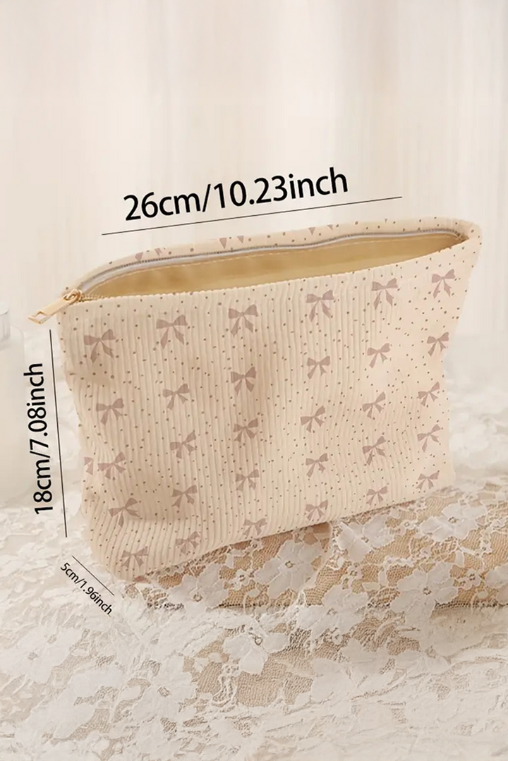 Bow Knot Dot Print Zipper Corduroy Cosmetic Bag