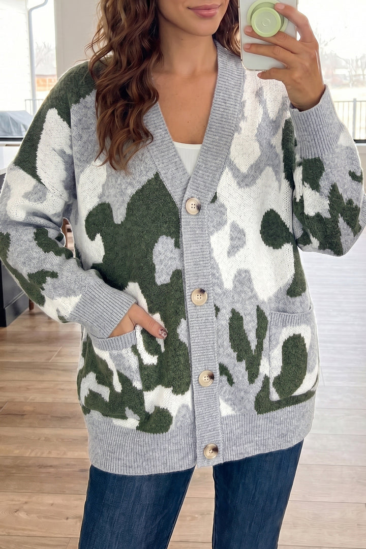 Green Camouflage V Neck Button Front Cardigan