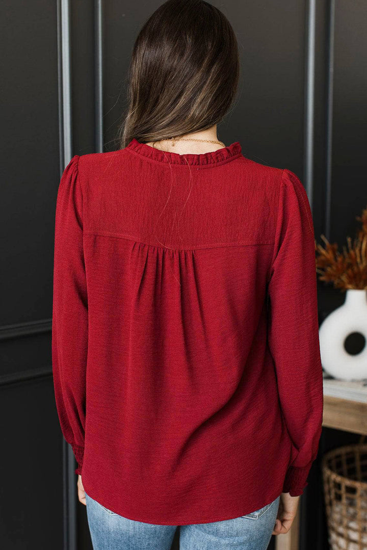 Notched Neck Shirred Cuff Long Sleeve Blouse