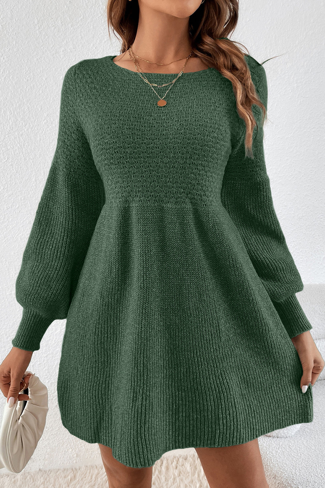 Green Solid Lantern Sleeve Empire Waist Short Sweater Dress