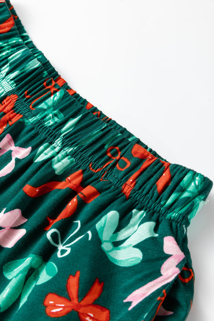 Green Festive Bow Print 2pcs Pajama Pant Set