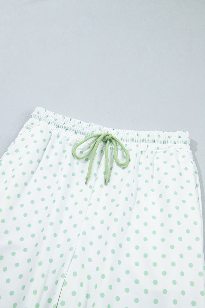 Green Polka Dot Patchwork Colorblock Long Sleeve Casual Two Piece Pants Set