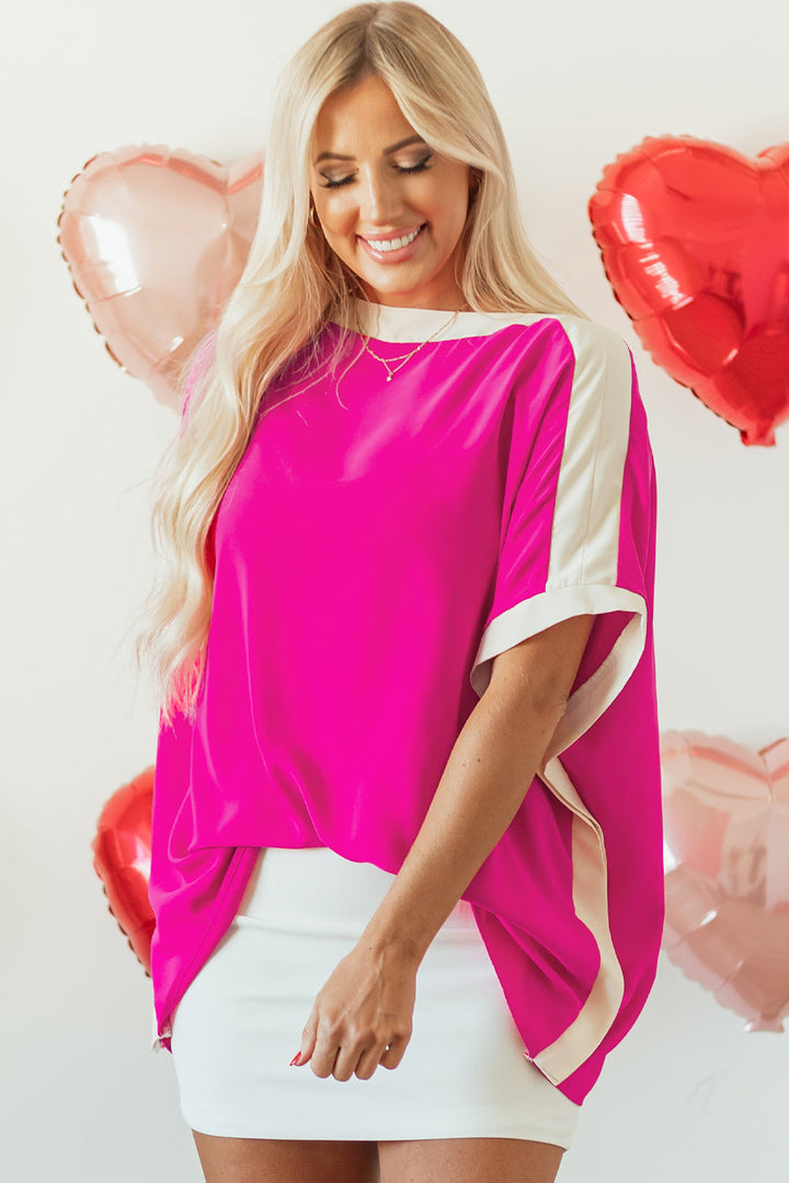 Oversized Color Block Boat Neck Tunic Blouse