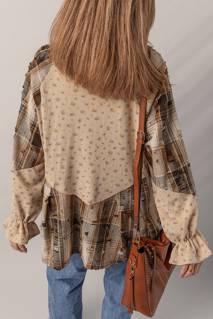Oatmeal Boho Floral Plaid Patchwork Ruffled Sleeve Waffle Knit Shacket