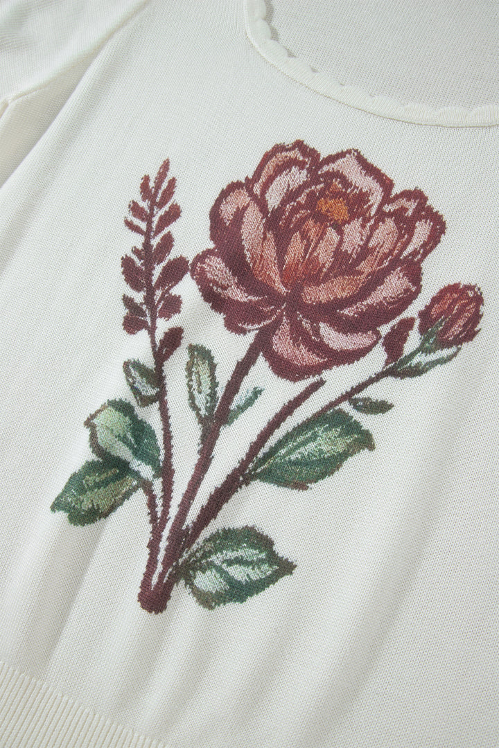 Chic White Western Floral Print Short Sleeve Square Collar Knit Sweater