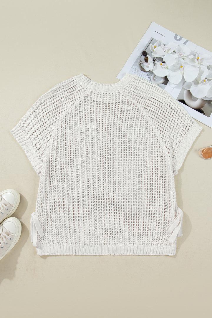 White Plus Size Open Knit Bow Tie Short Sleeve Sweater