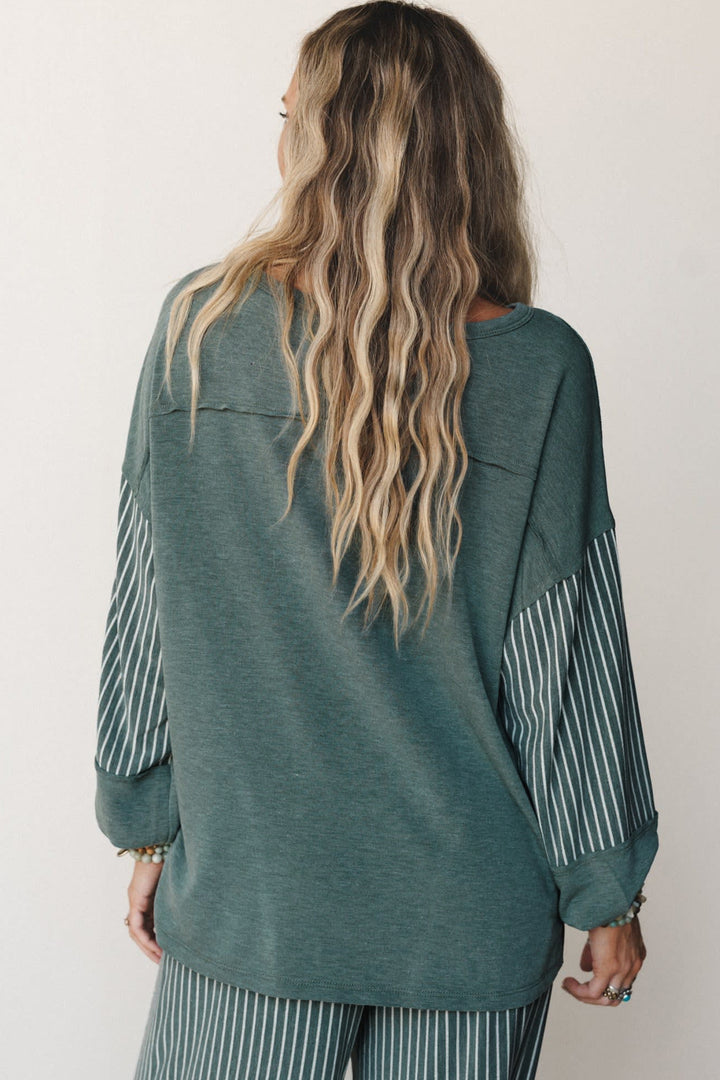 Green Bay Raw Seam Patchwork Long Sleeve Top Pocket Casual Pants 2pcs Set