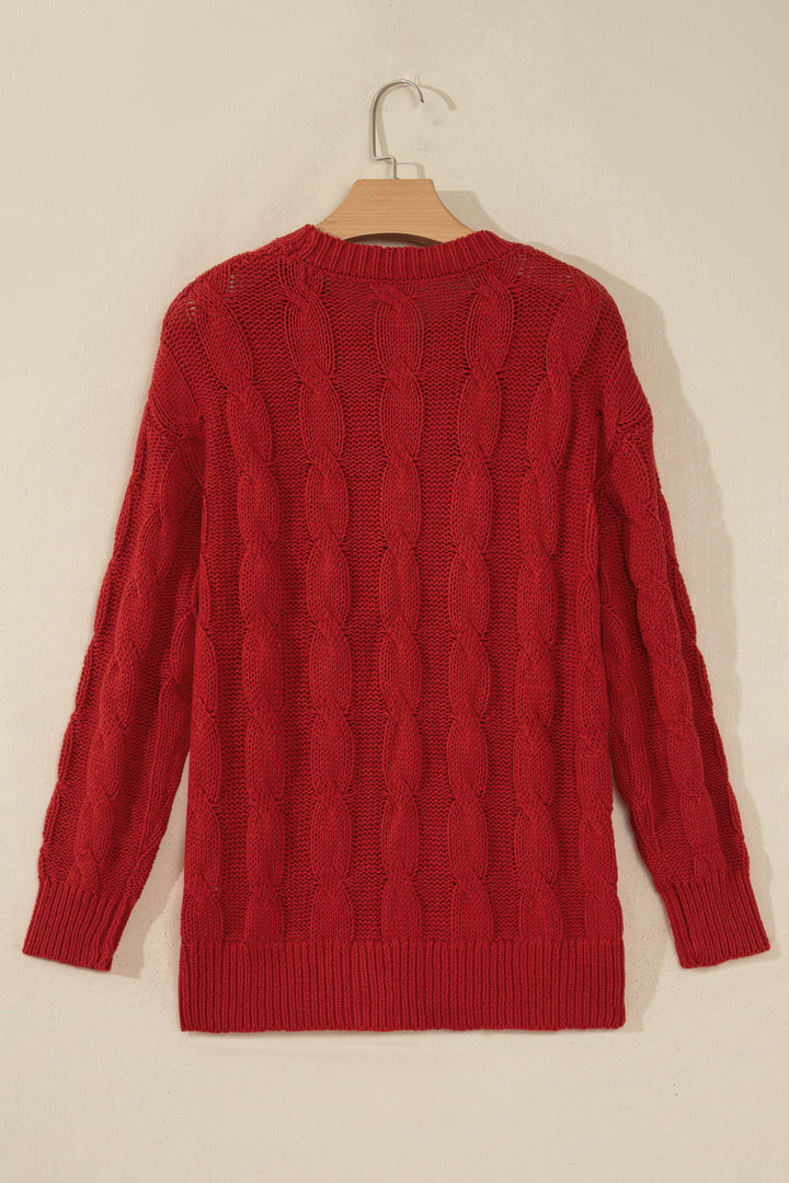 Fiery Red Falala Cable Knit Christmas Dropped Shoulder Pullover Sweater