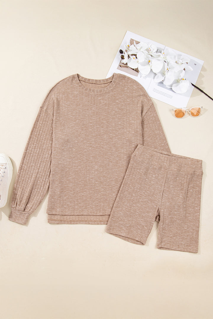 Dark Khaki Ribbed Balloon Sleeve Pullover Top and Biker Knitted Short Set