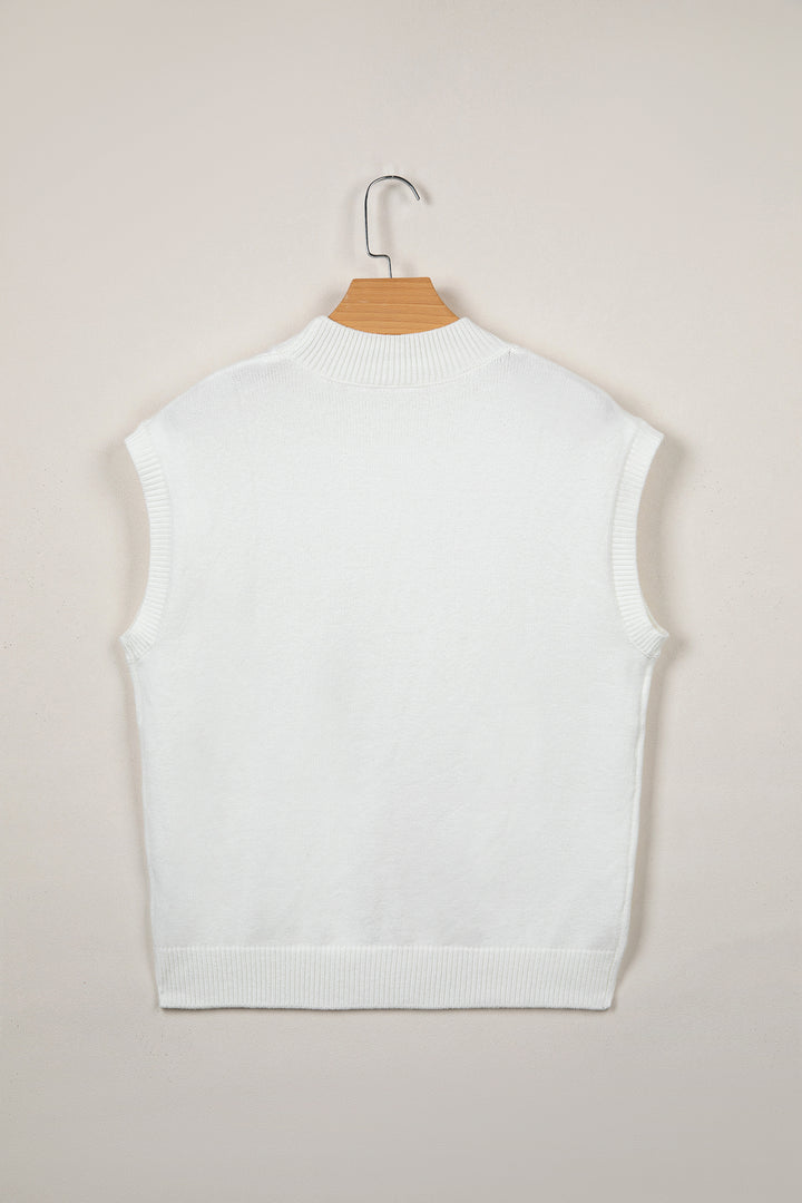 White Corded Horseshoes Ribbed Trim Mock Neck Short Sleeve Sweater