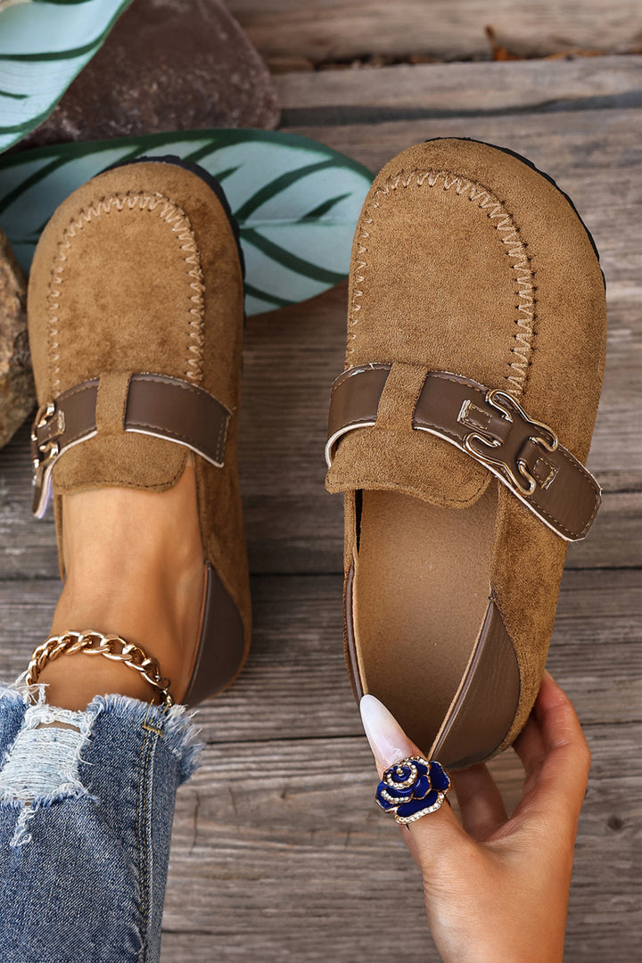 Faux Suede PU Leather Patchwork Retro Buckle Slip On Shoes
