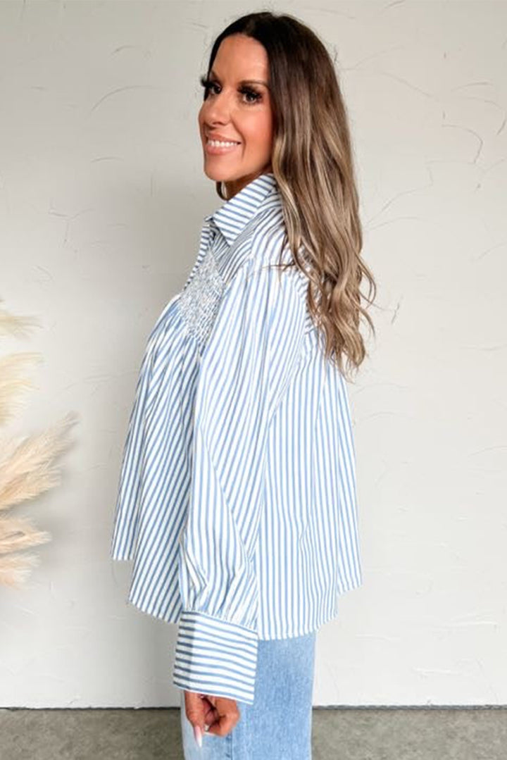 Shirred Detail Half Placket Collared Long Sleeve Fall Shirt