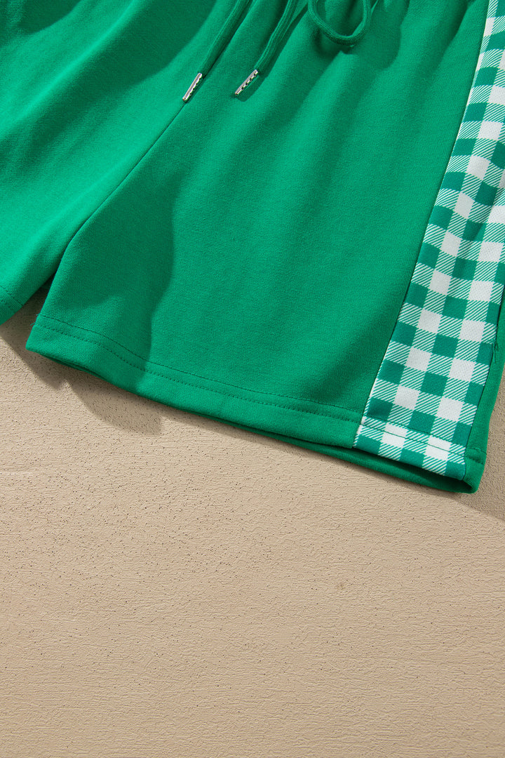 Bright Green Plaid Patchwork Half Zip Pullover Drawstring Short Set
