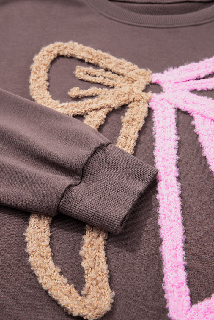 Contrast Terry Bow Pattern Drop Shoulder Sweatshirt