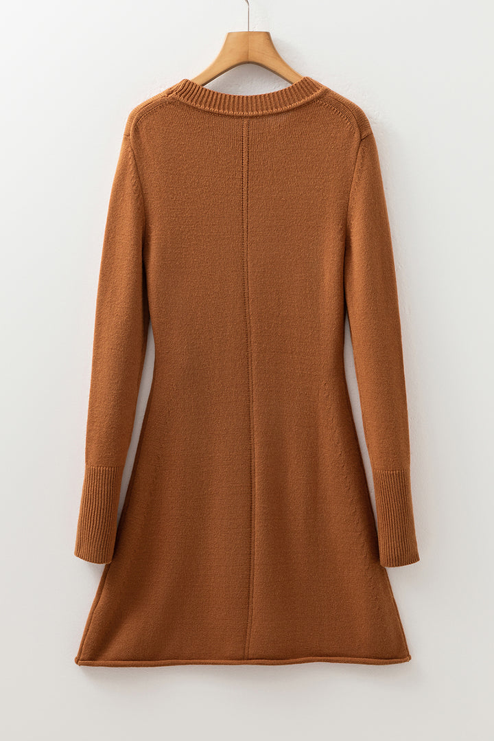 Ribbed Detail Solid Color Mini Sweater Dress