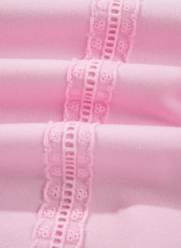 Pink Solid Color Raw Seam Lace Detail Loose Casual Sweatshirt