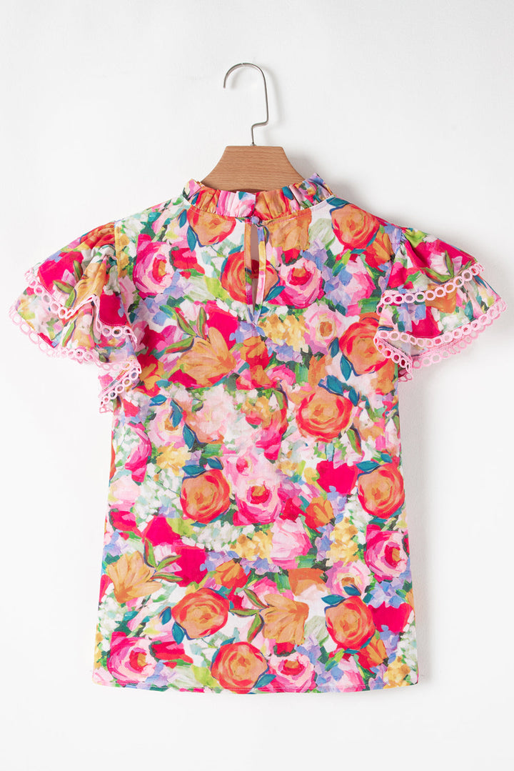 Lace Trim Ruffle Short Sleeve Floral Blouse
