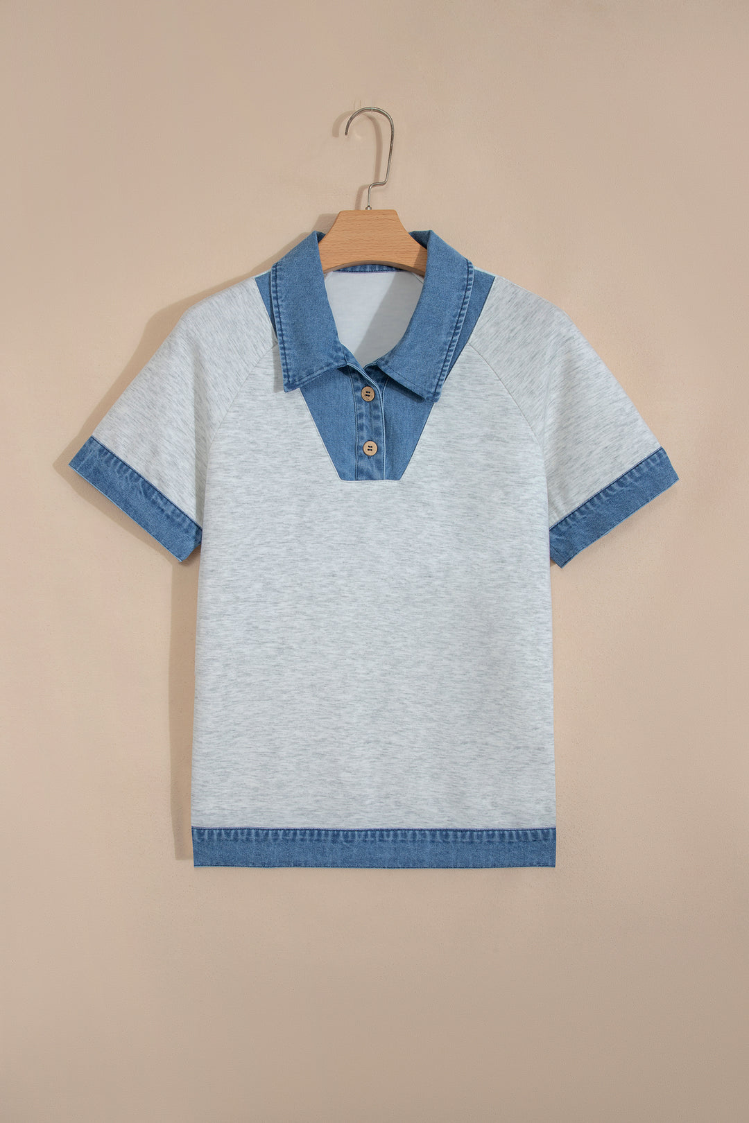 Light Grey Denim Contrast Collar Cuffed Short Sleeve Top
