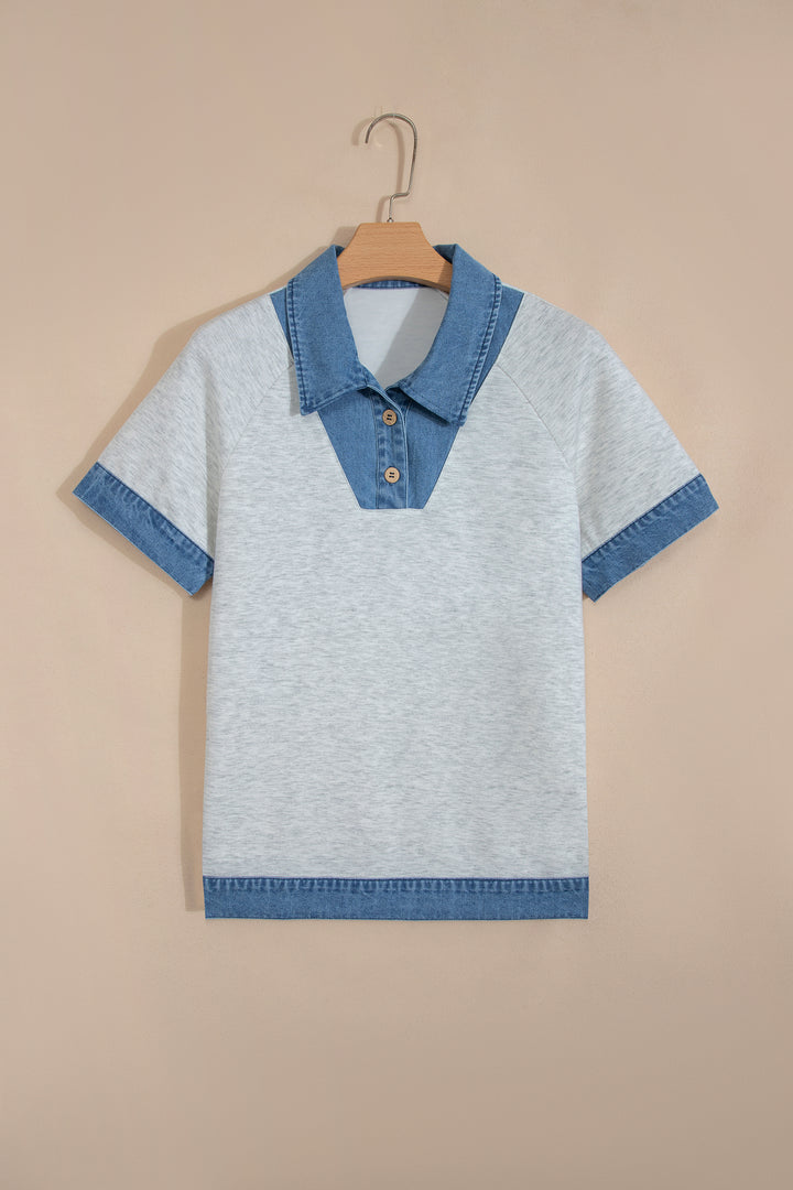 Light Grey Denim Contrast Collar Cuffed Short Sleeve Top
