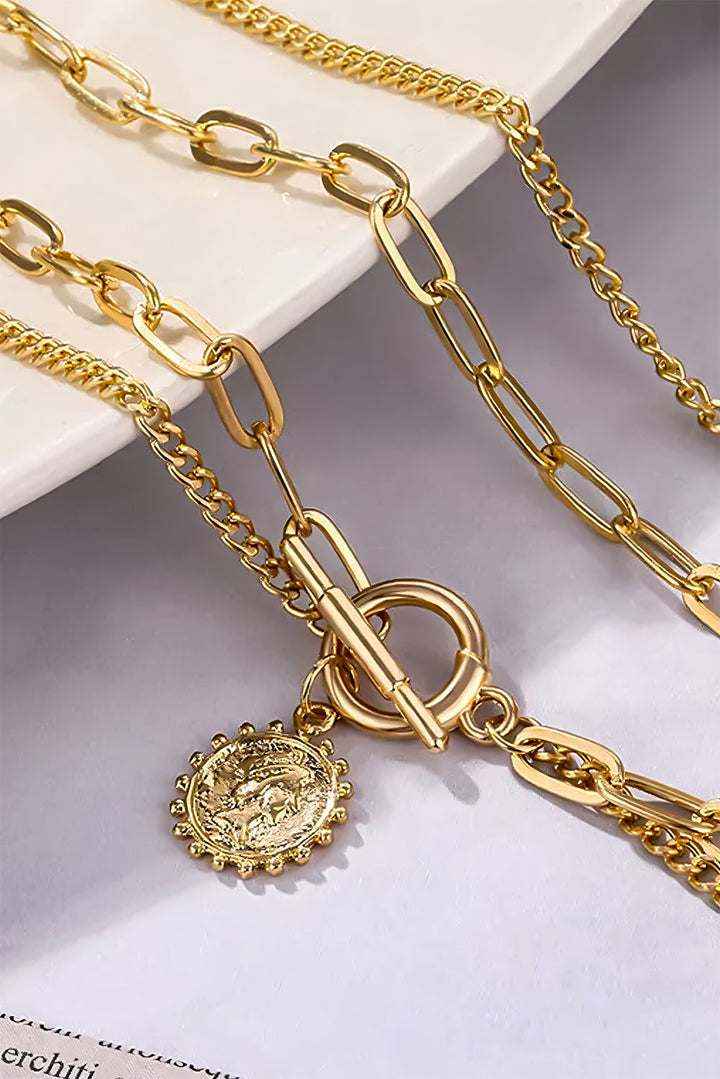 Plated Vintage Carved Coin Pendant Chain Necklace