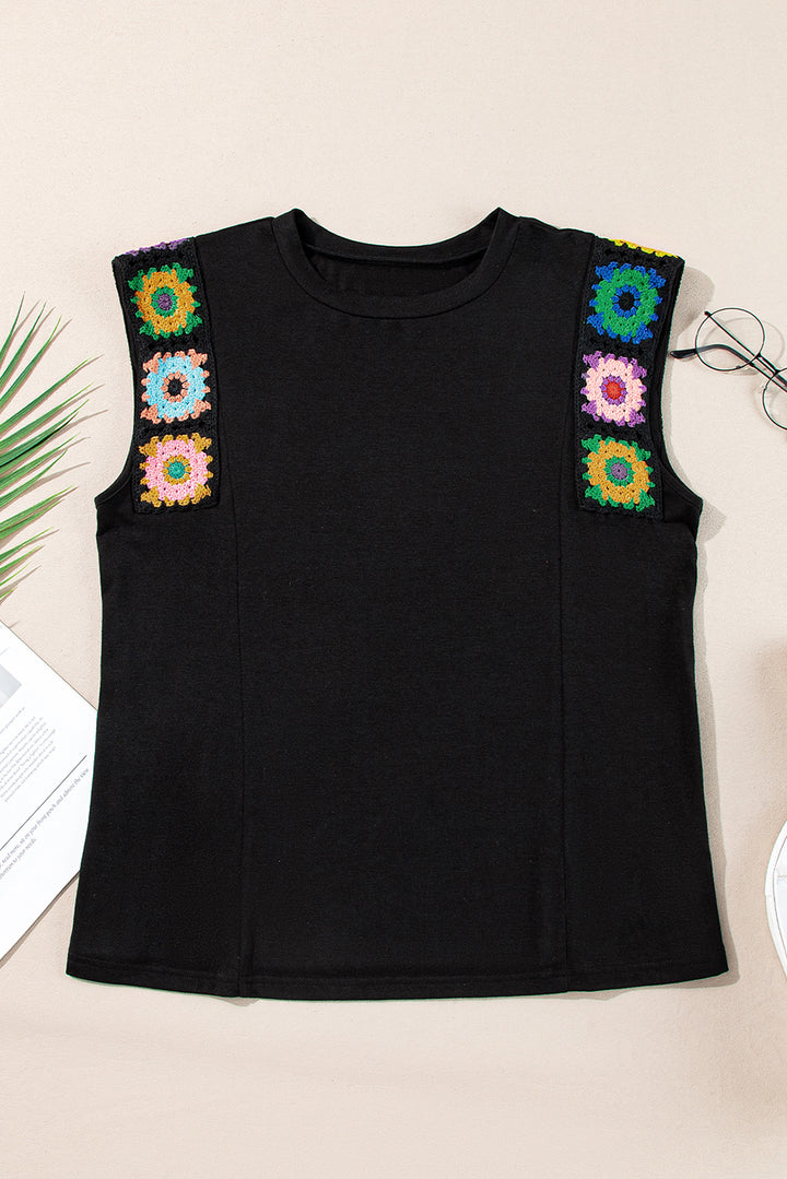 Floral Crochet Patched Sleeve Crew Neck Casual Tank Top