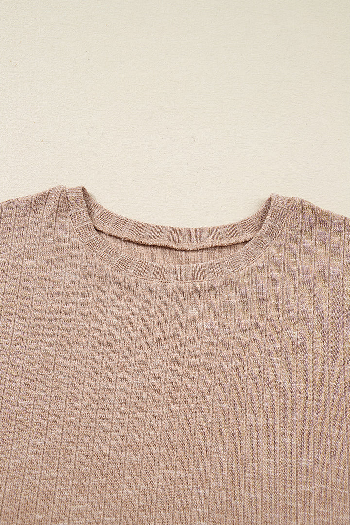 Dark Khaki Ribbed Balloon Sleeve Pullover Top and Biker Knitted Short Set
