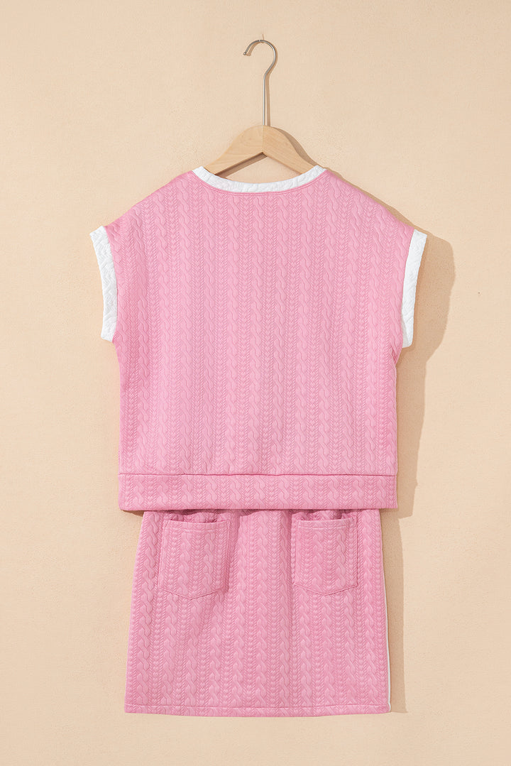 Pink Contrast Trim Textured Crewneck Tee and Pocketed Skirt Set