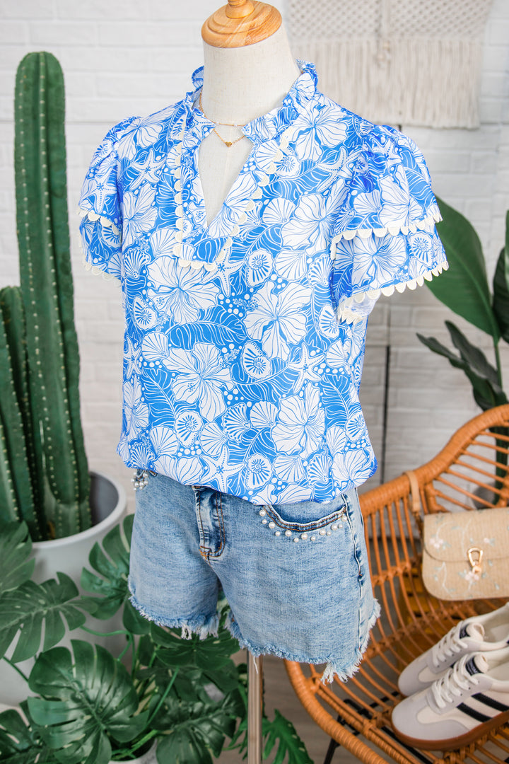 Sky Blue Oceanic Floral Print Scalloped Trim V Neck Short Sleeve Blouse