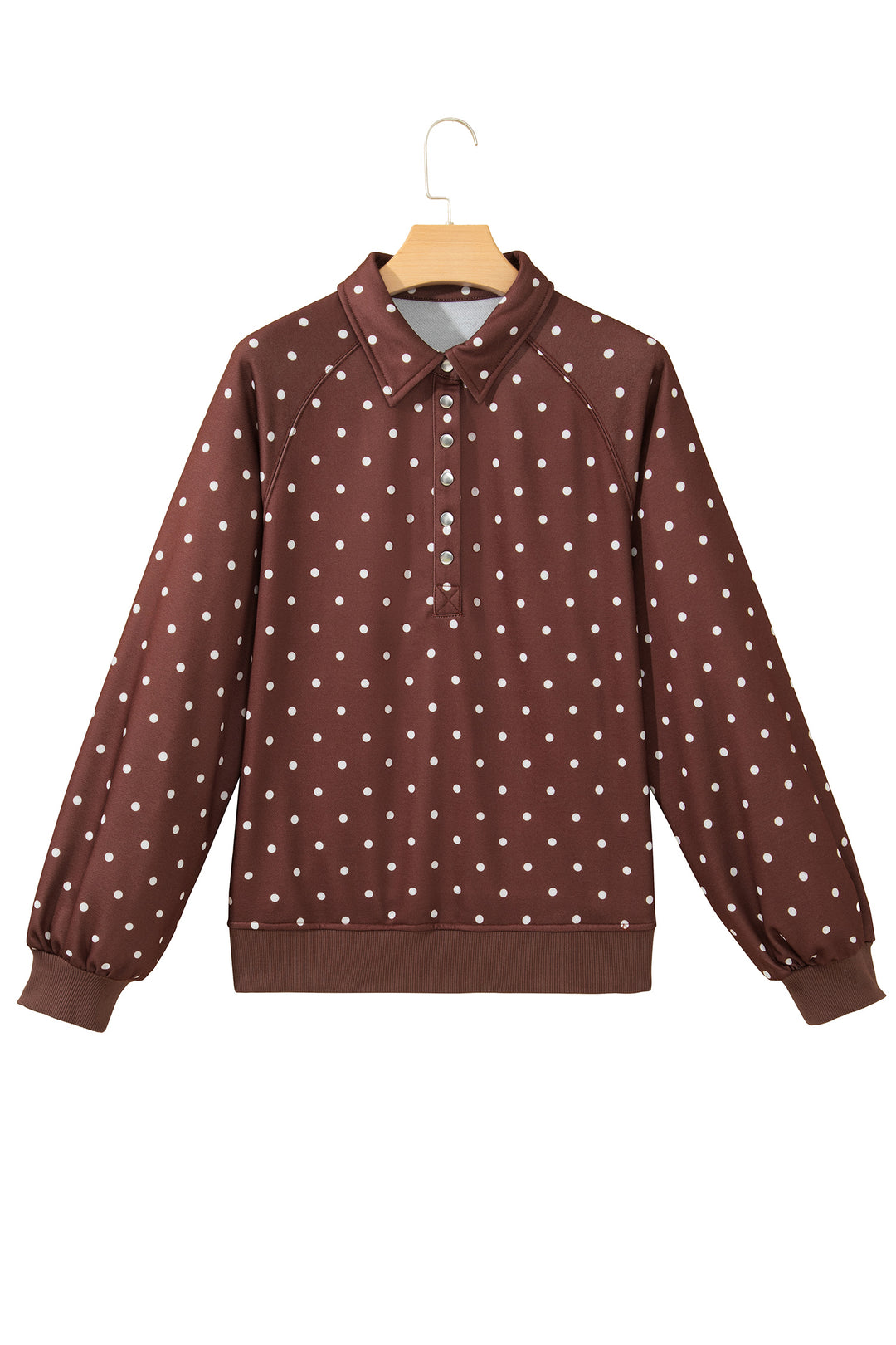 Brown Polka Dot Print Metal Button Collar Casual Pullover Sweatshirt