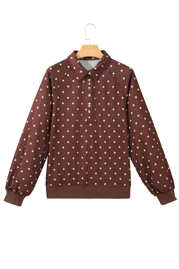 Brown Polka Dot Print Metal Button Collar Casual Pullover Sweatshirt