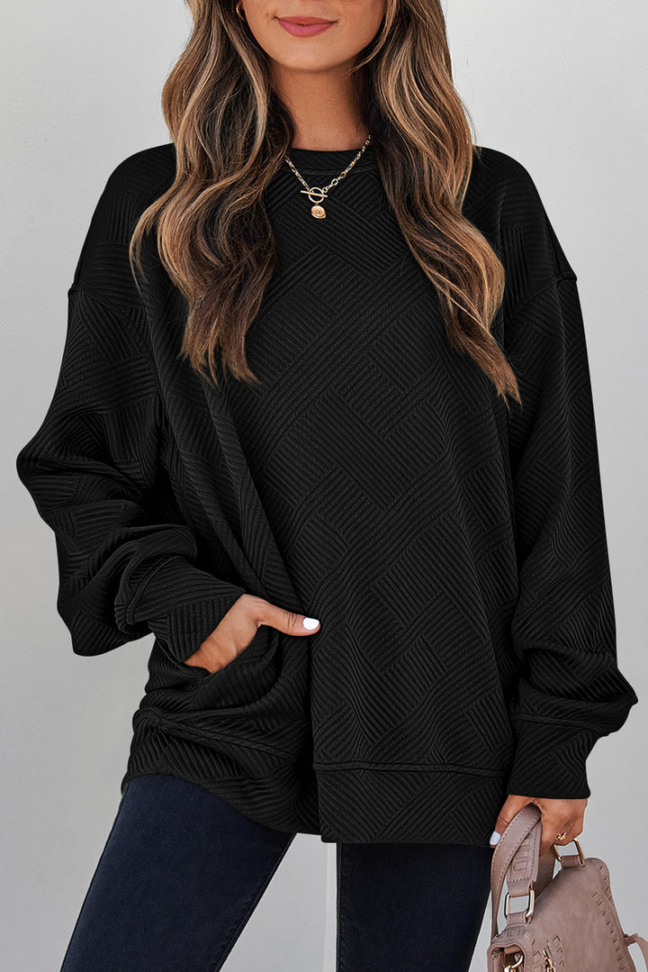 Black Solid Color Textured Round Neck Pullover Sweatshirt
