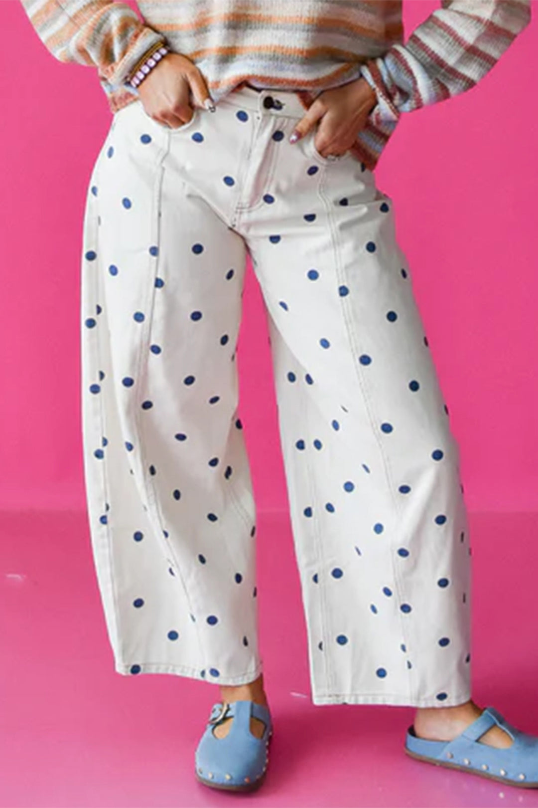 Blue Tailored Seam Polka Dot Print Barrel Casual Jeans