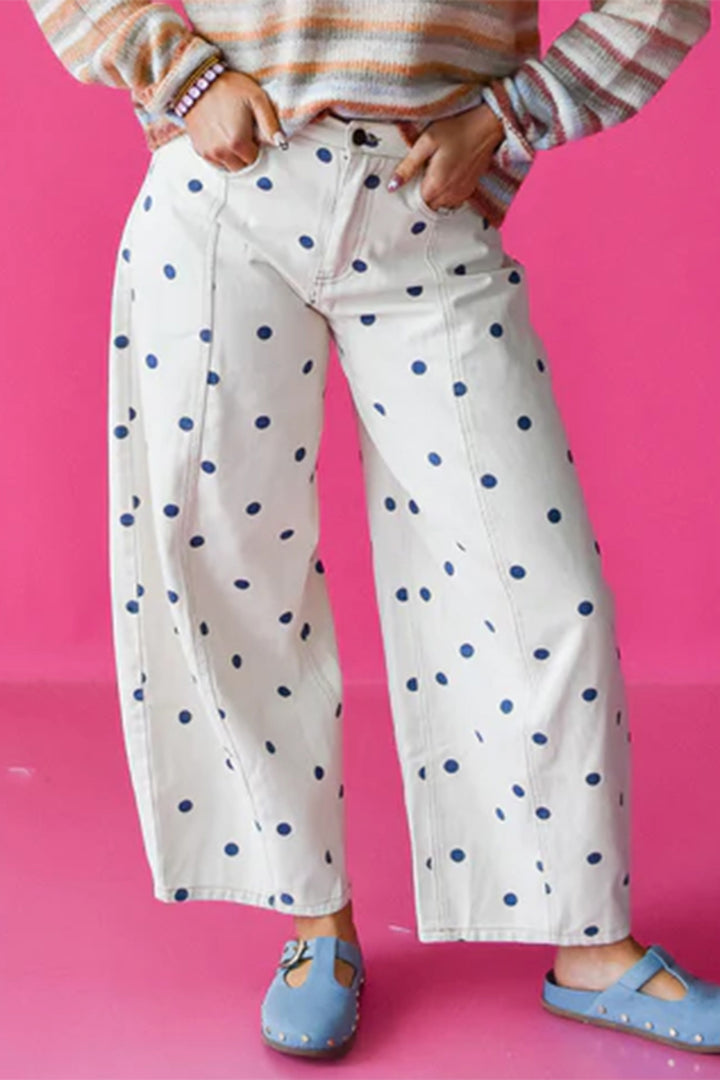 Blue Tailored Seam Polka Dot Print Barrel Casual Jeans