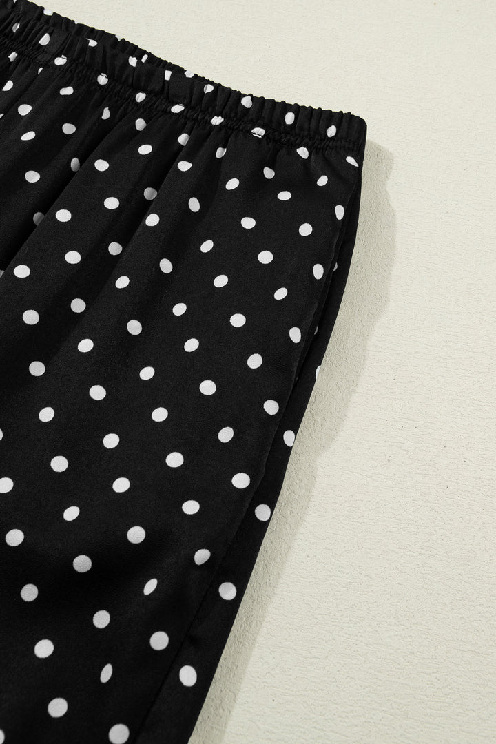 Black Polka Dot Print Elastic Waist Lace Hem Loose Pants