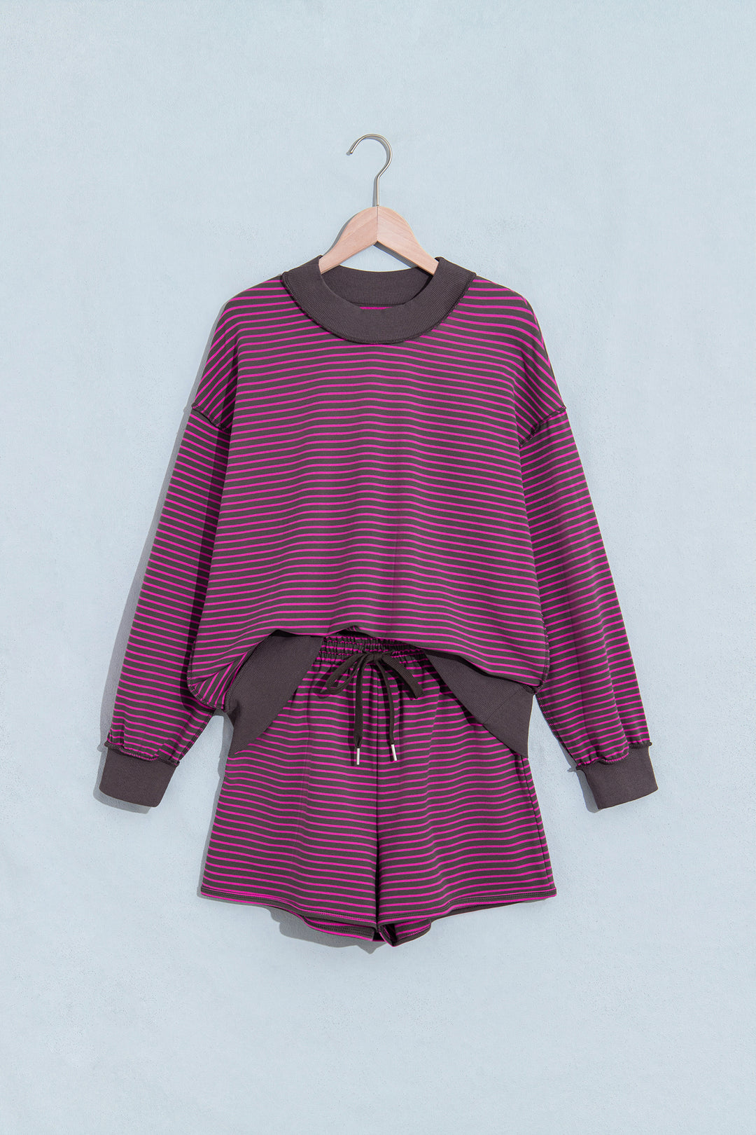 Brown Ribbed Patchwork Mock Neck Baggy Pullover Matching Shorts Set