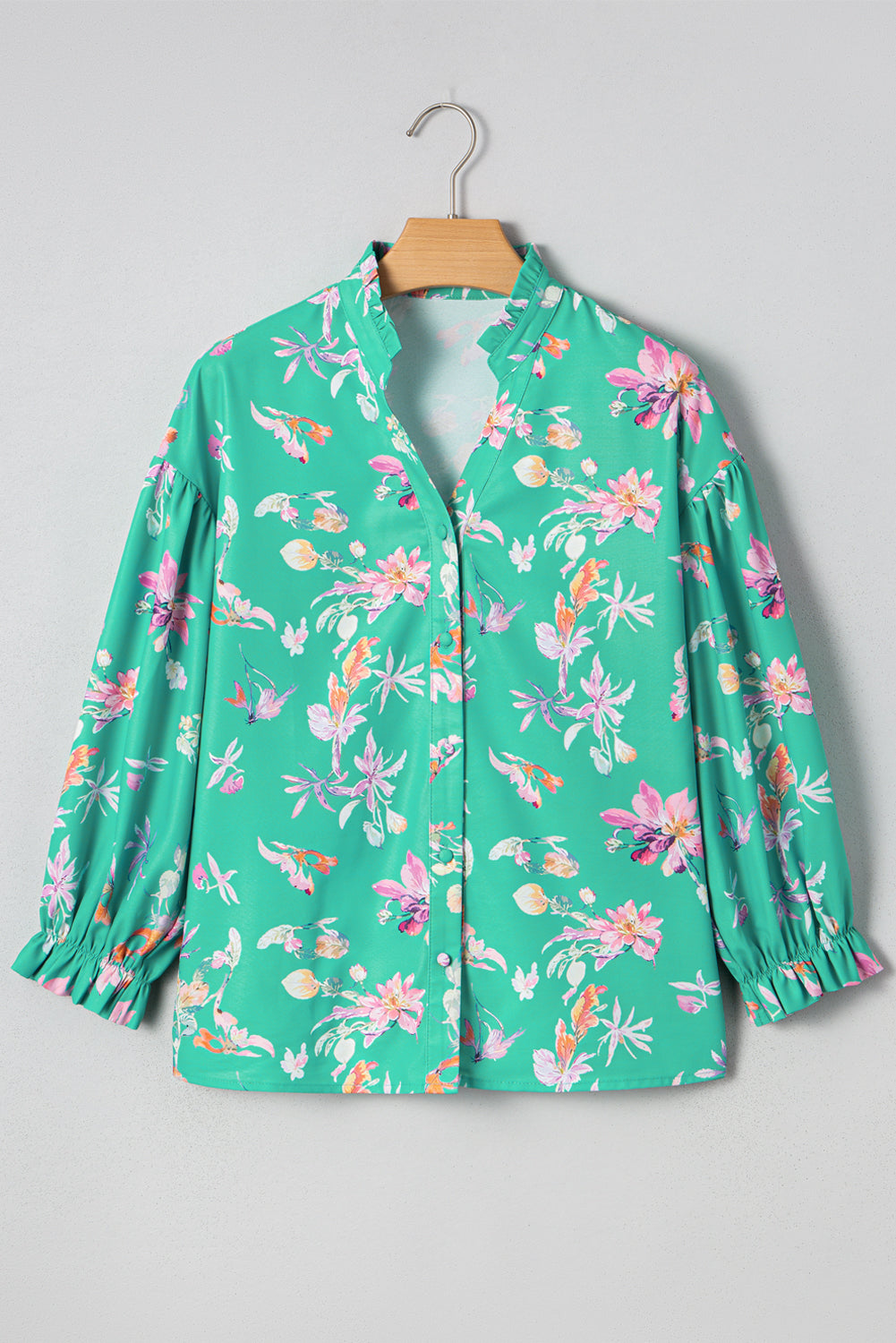 Floral Lantern Sleeve Button Front Shirt