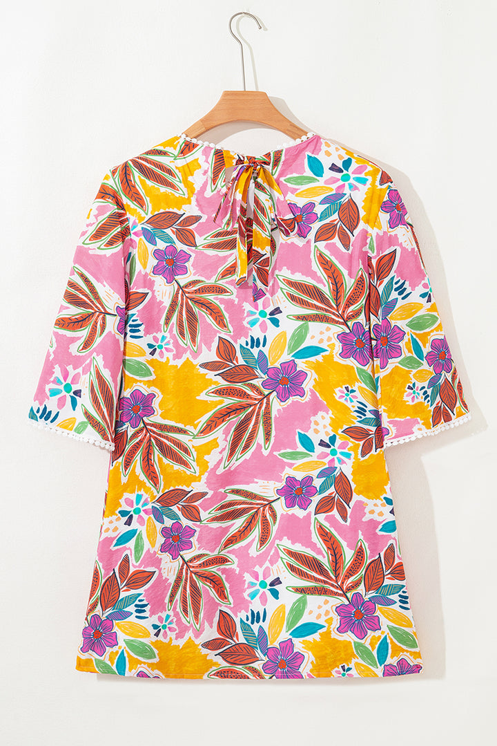 Floral Print Lace Trimmed Tie Back Bell Sleeve Swing Mini Dress