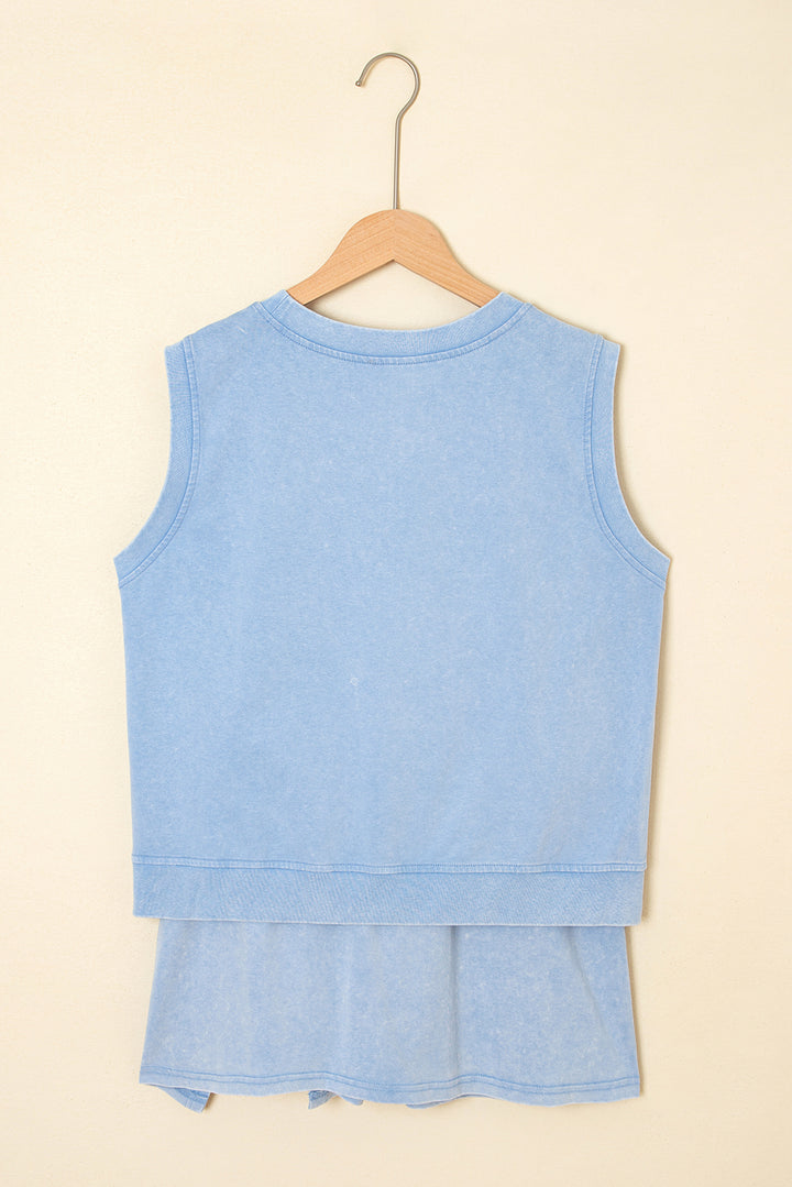 Myosotis Washed Sleeveless Top Split Skort Cotton 2pcs Outfit